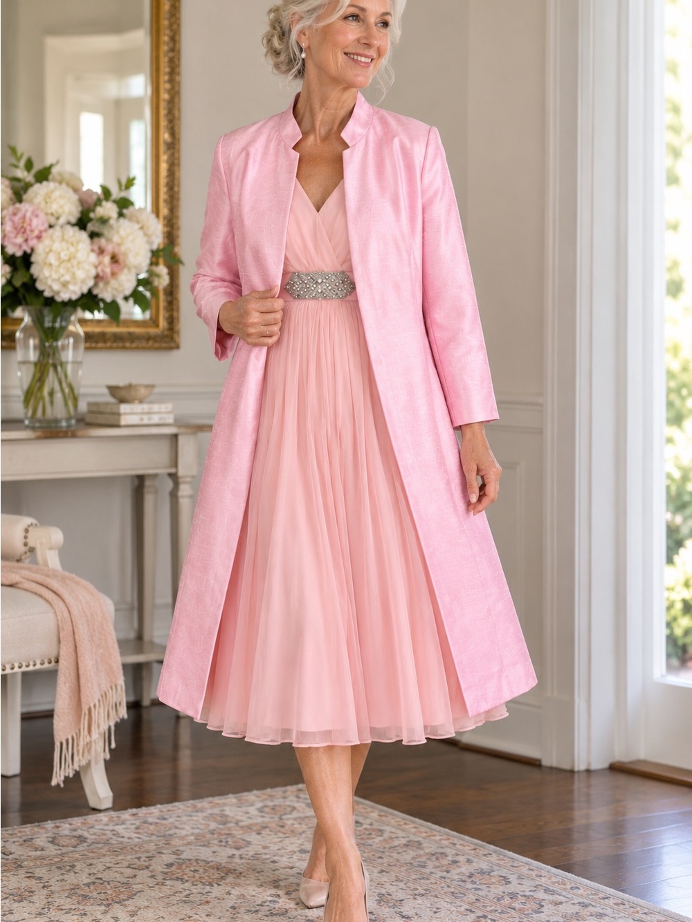 Vintage 1950s Pink Chiffon Dress & Long Jacket Set Size 4